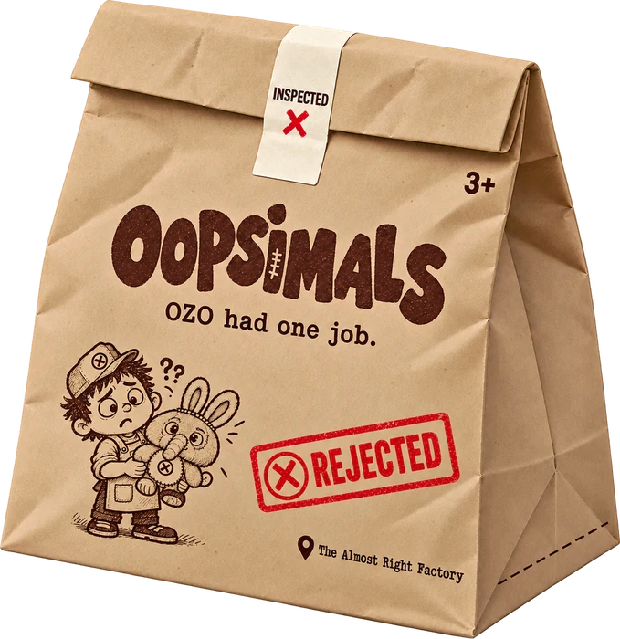 Sealed kraft OOPSIMALS bag with the red rejected stamp