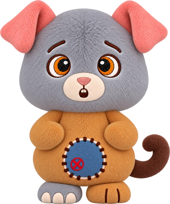 Bungle: grey elephant head, folded pink pig ears, bunny muzzle and caramel body