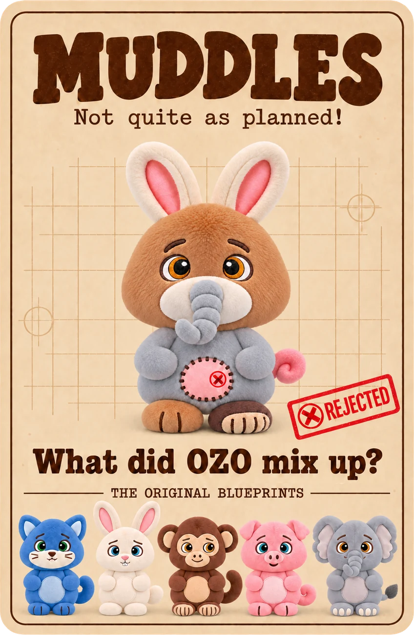 Character card back showing the mixed-up hero, the rejected stamp and five original animals