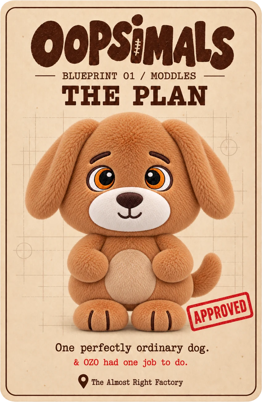 Character card front showing the original approved dog blueprint