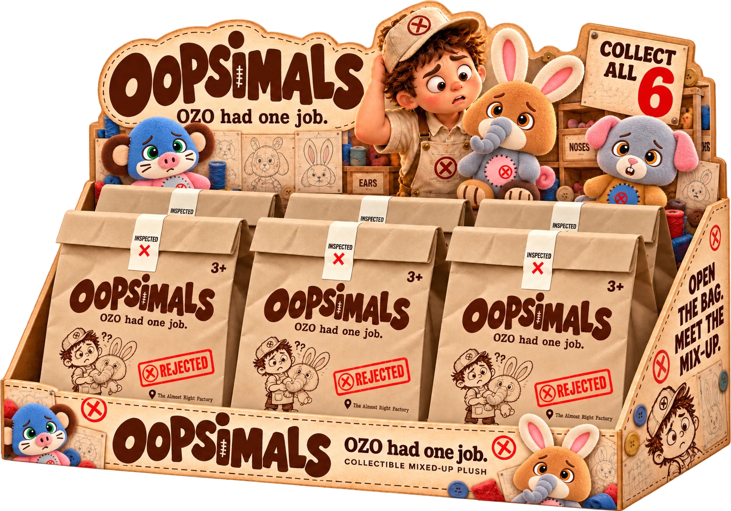 OOPSIMALS counter display with OZO on the illustrated header and six sealed kraft bags arranged three across and two deep