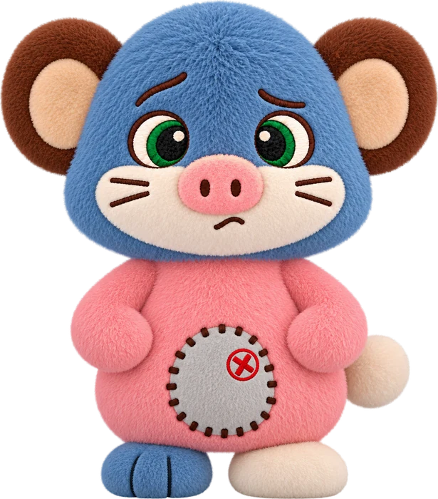 Mixie: blue cat head, monkey ears, pig snout and pink body
