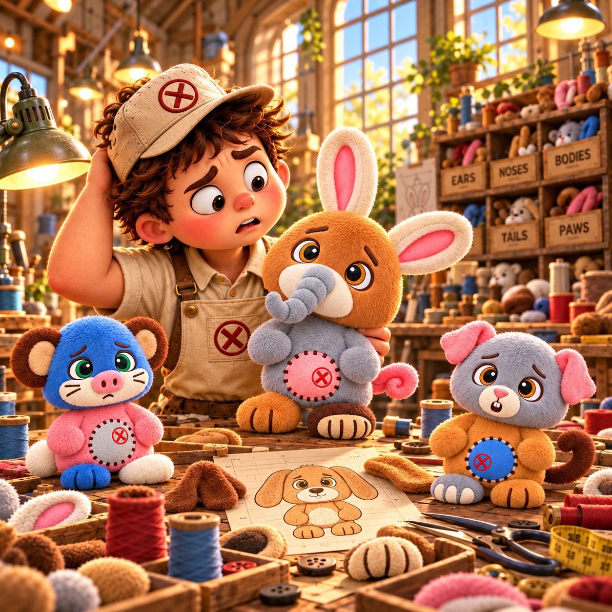 A confused OZO holds a dog with bunny ears and an elephant trunk in his sunny toy workshop. Two other mixed-up plush pals and the original dog blueprint sit on the workbench.