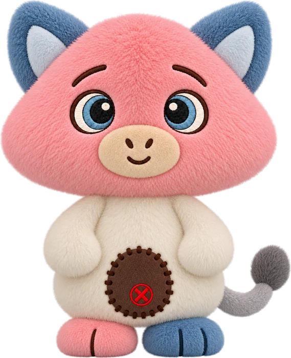 Topsy: pink pig head, blue cat ears, monkey muzzle and ivory body
